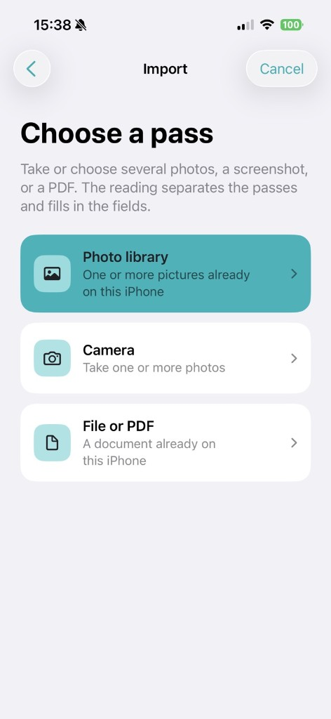 Scelta di un pass da foto, fotocamera o PDF