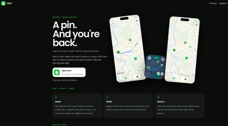 PinO app on iPhone and Apple Watch showing a map with saved pins